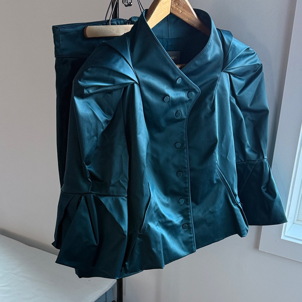 Zac Posen Teal Satin Blazer and Matching Skirt